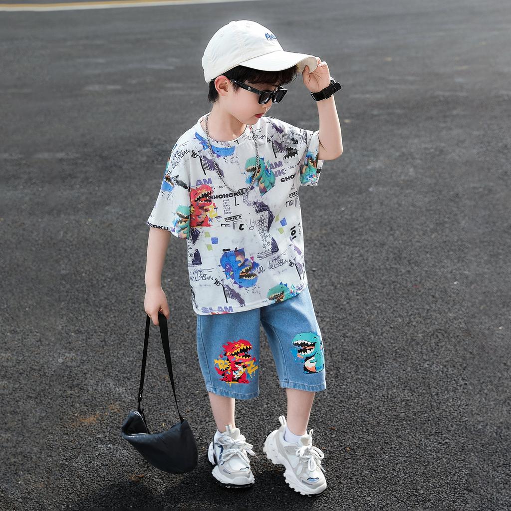 Boys' Summer Set 2026 New Style Rascal Trendy Children's Dinosaur Short sleeved T-shirt Men's Treasure Summer Half sleeved Clothes