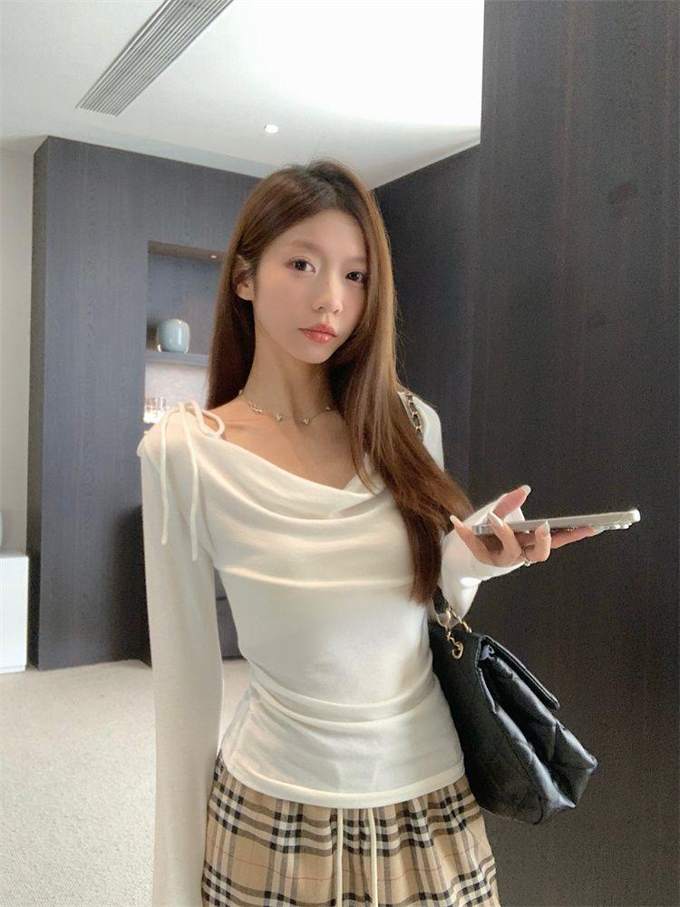 Damen Schlankmachendes Koreanisches Mode-Swing-Kragen-Basisshirt - Herbst/Winter Langarm Einfarbige Trendiges Oberteil