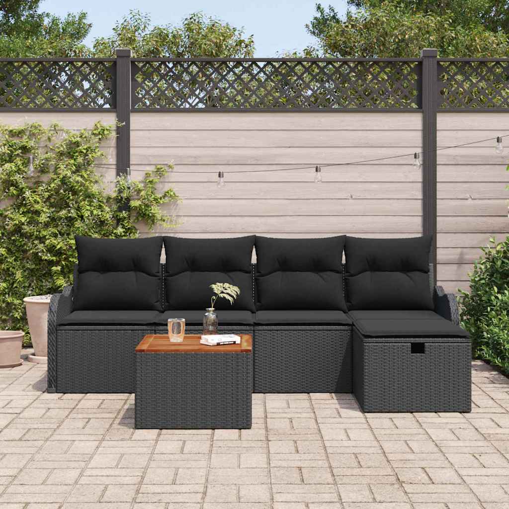 6 Piece Black Poly Rattan Garden Sofa Set with Cushions