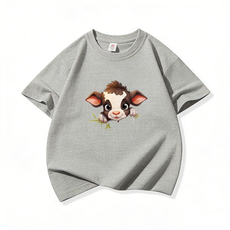 Kids Cotton T Shirt Brown Baby Cow Peeking Over Grass Print Crew Neck Short Sleeve Tee Casual Boys Girls Summer Tops