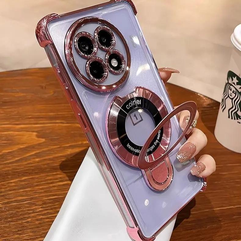Case For OnePlus 13 13R ACE 5 Pro Airbag Ultra Transparent Plating Magnetic Bracket Case For OnePlus 13 Anti Fall Phone Caser