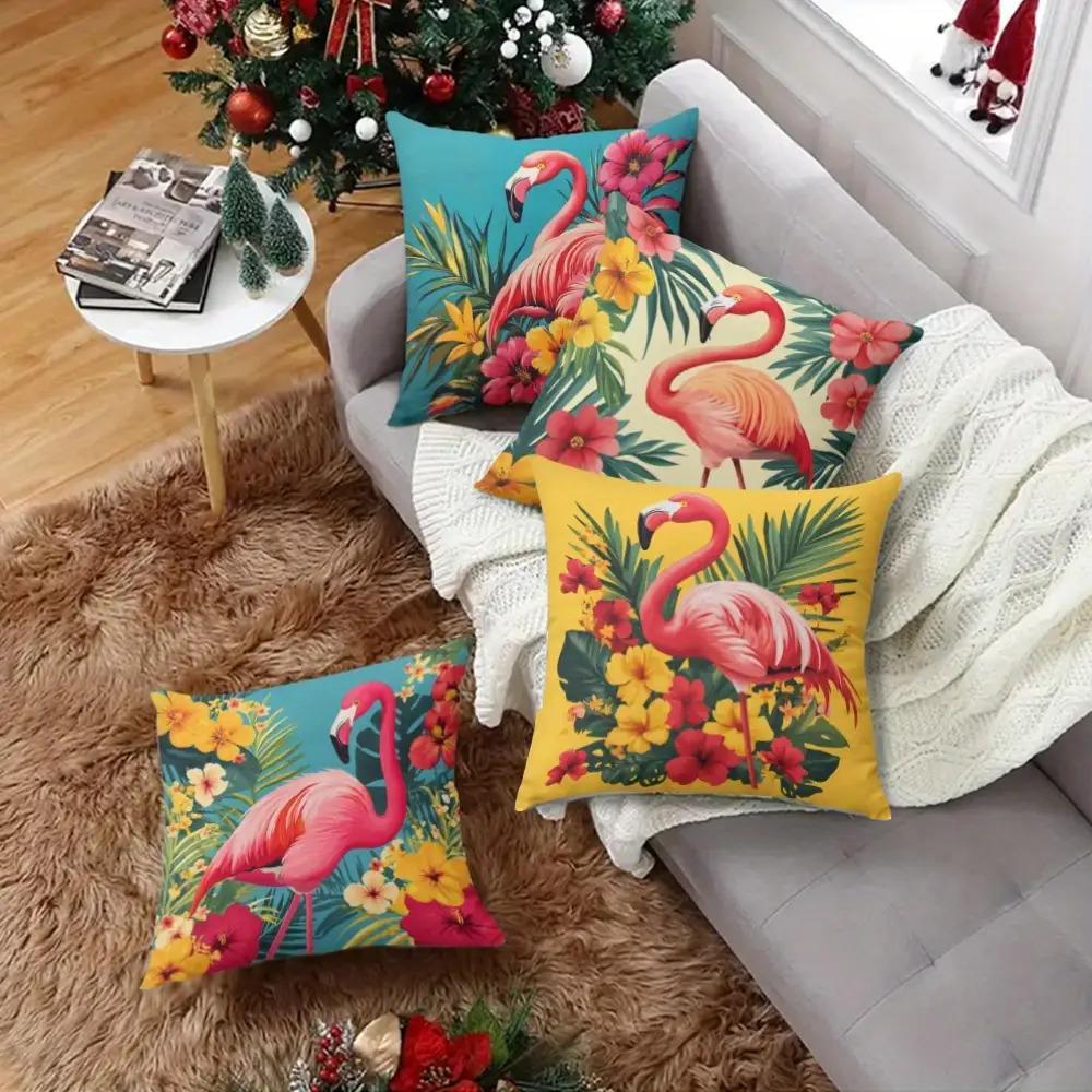 4 Pezzi Copricuscino con Stampa Digitale Motivo Floreale Flamingo Peluche Corto Adatto per Soggiorni Camere da Letto Divani Cuscino Decorativo