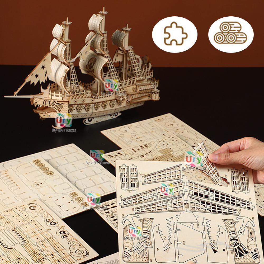 Ury Diy 3D Retro Style Halloween Ghost Pirate Ship Model Toys Handmade Set Home Decoration Christmas Gift For Kids