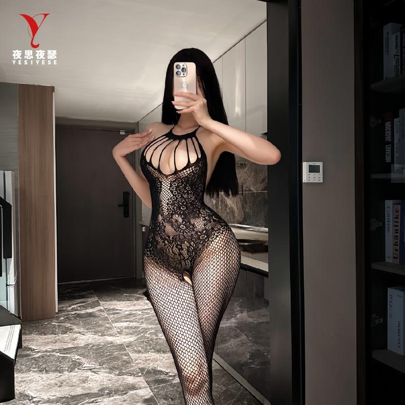 Women Sexy Hollow Out Open Crotch Halter Jacquard Black Bodystocking Mesh Intimate Lingerie