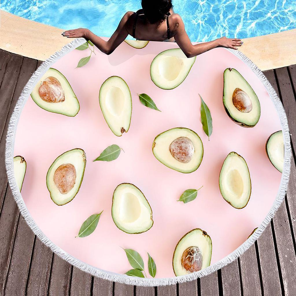 Tropical Fruit Avocado Round Beach Towel Microfiber Boho Round Hawaiian Beach Blanket Sand Proof Circle Swim Towel with Tassels