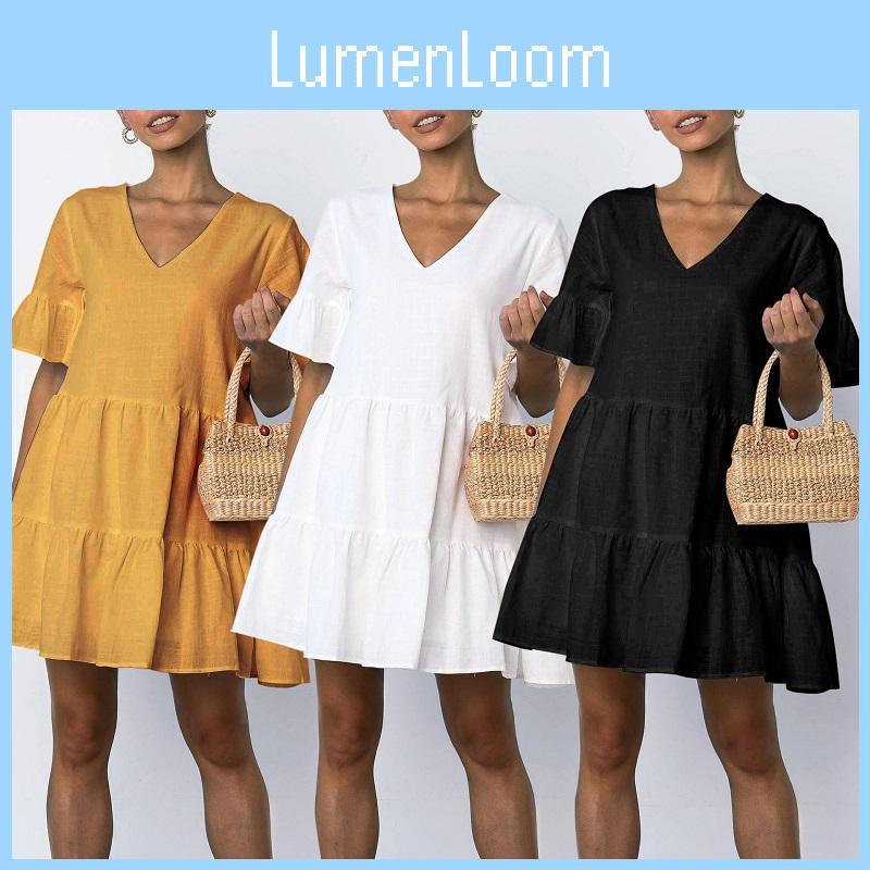 Elegant Women V-neck Plain Smock Dress With Loose Fit And Short Sleeve Design