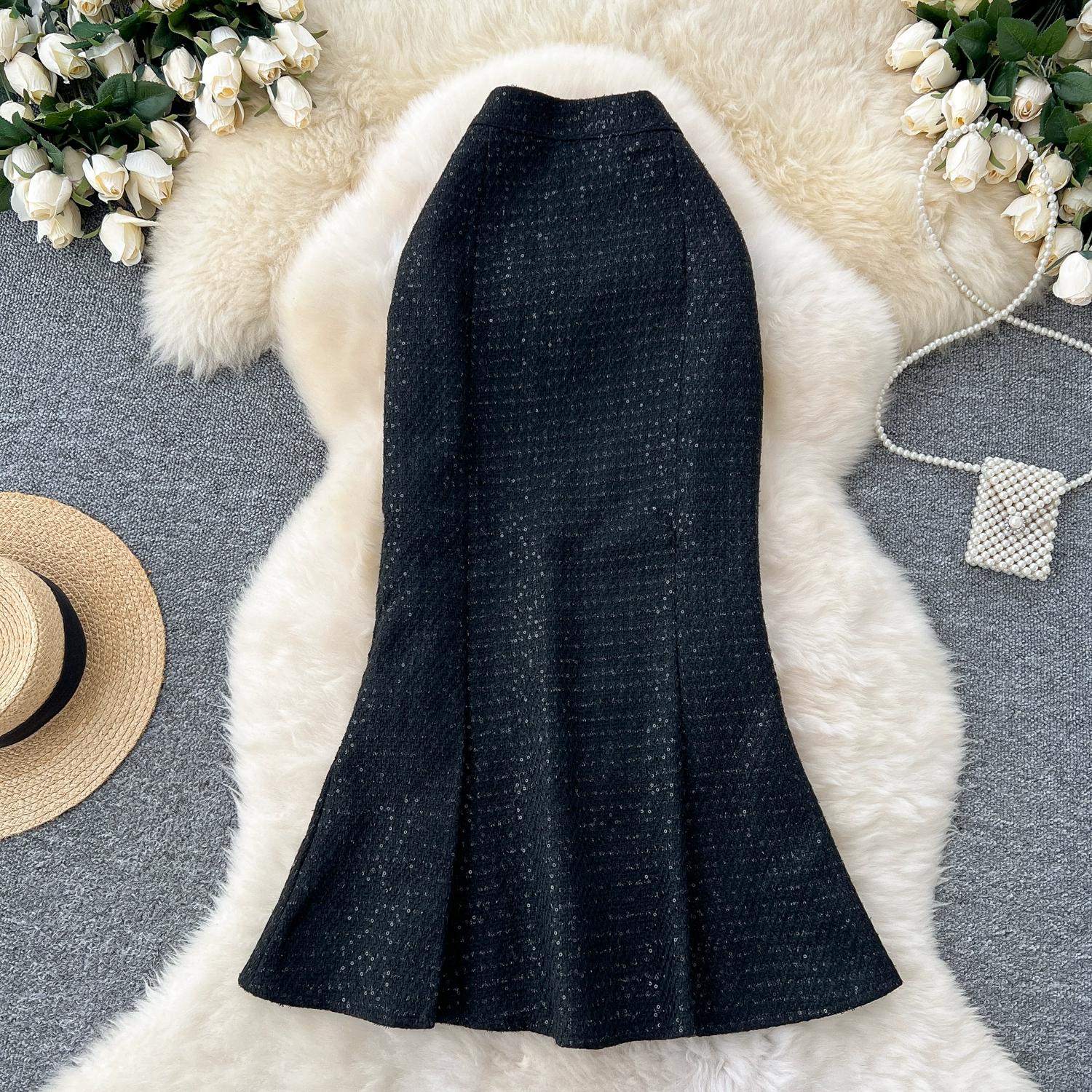 

Осень-зима Женская однотонная твидовая длинная миди облегающая юбка-рыбий хвост L чёрный