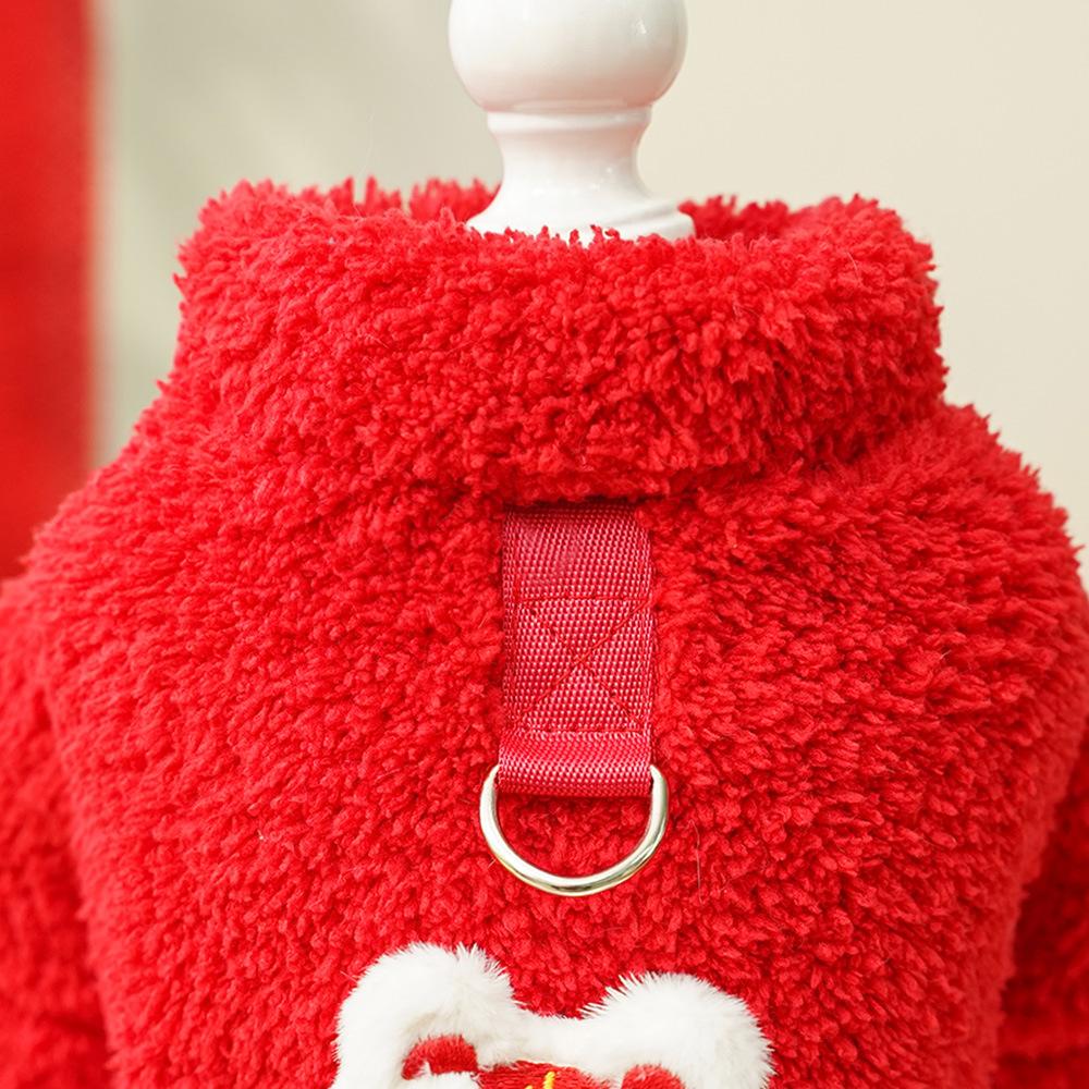Chinese New Year Pet Sweater for Small Dogs - Red Fluffy Dog Coat with Fu Dog/Cai Gold Pendant (Lucky Festive Style)