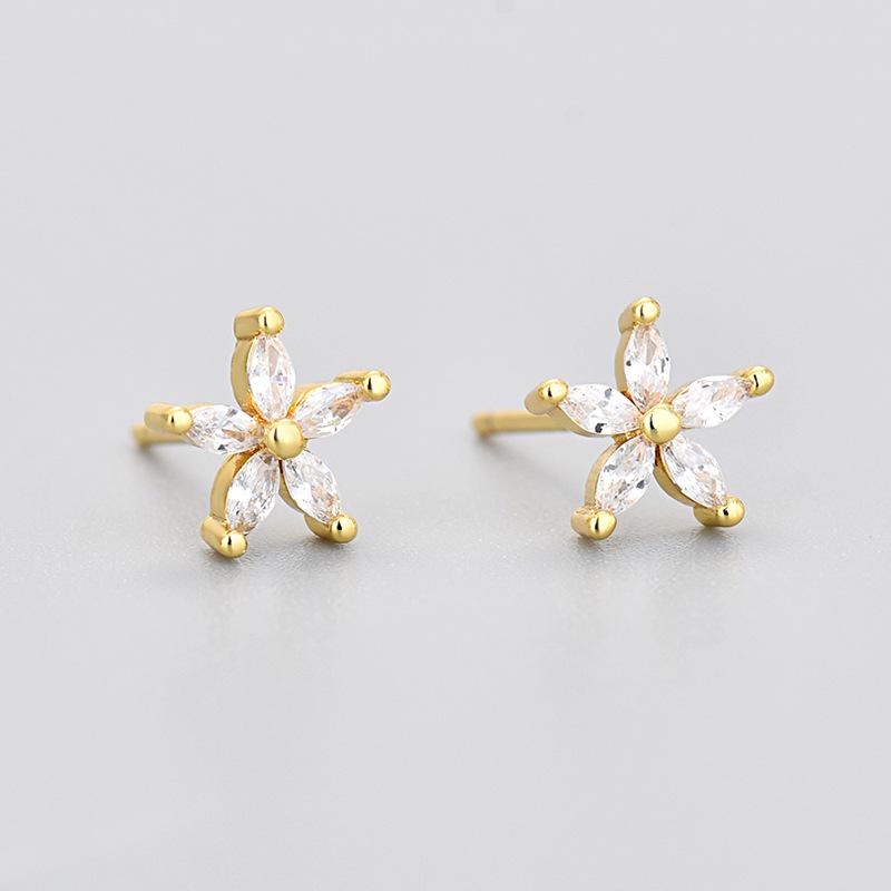 Colorful Zircon Flower Cat's Eye Earrings - Five-Petal Design with Rhinestones for Girls