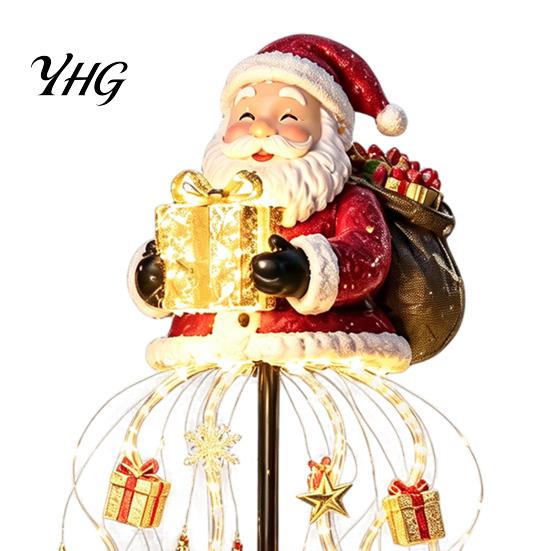 Weather Resistant Christmas Lawn Decor Solar Santa Claus Garden Light, LED Holding Gift Box Yard Stake Powered Winter Accents with Cascading