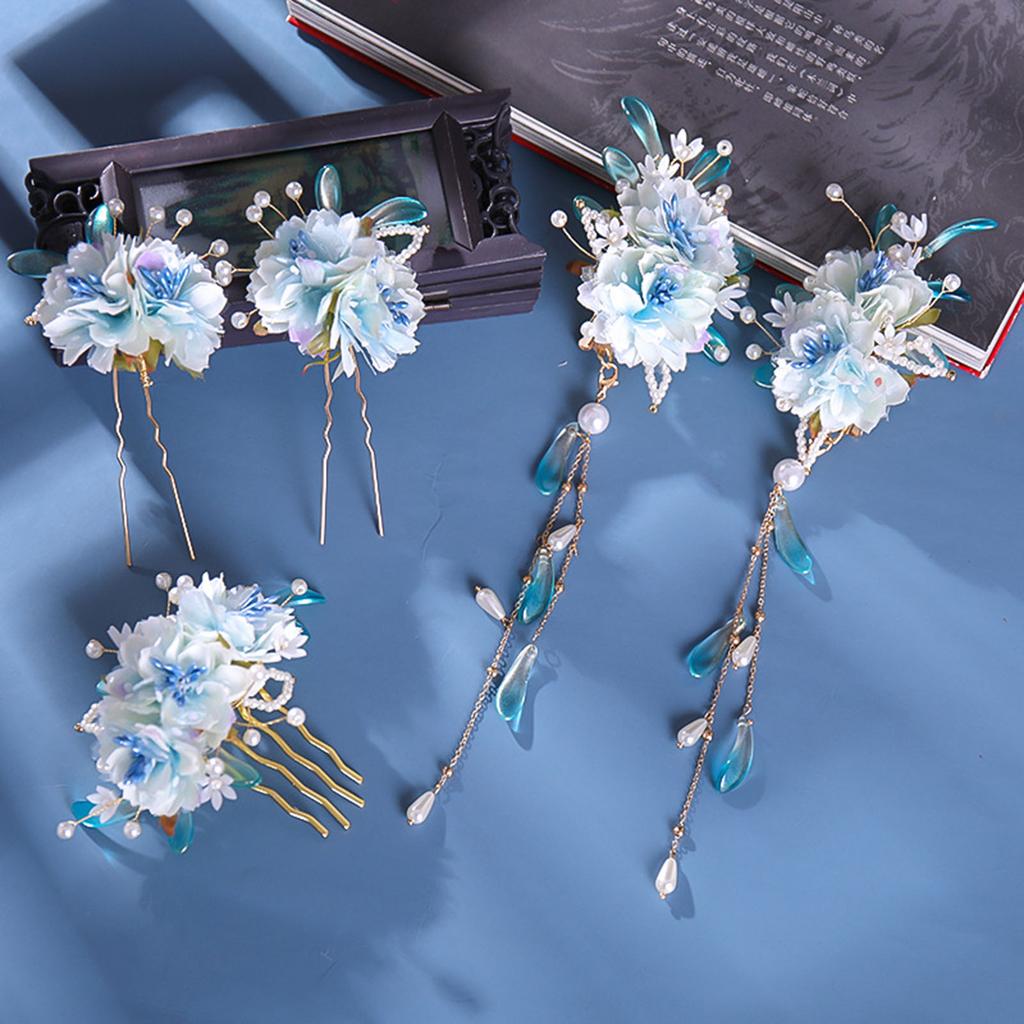 Elegant Gauze Flower Hair Clip For Women Vintage Chinese Style Blue Floral Hairpin Exquisite Hanfu Dress Hair Accessories