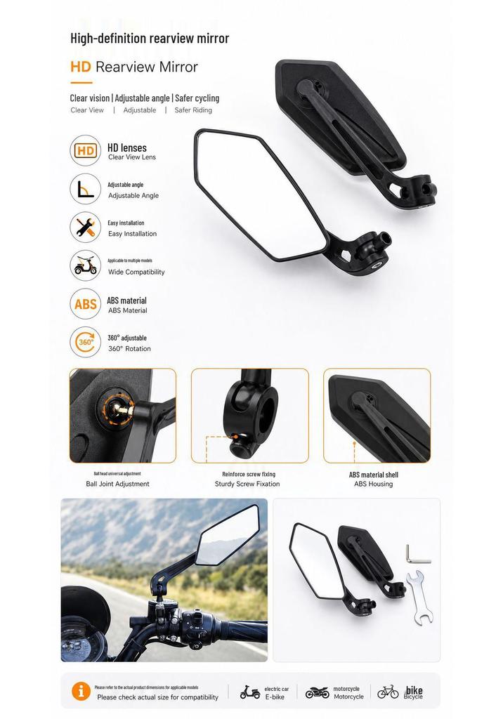 Universal HD Reflective Rearview Rhombus Mirror for Electric Vehicles and Motorcycles
