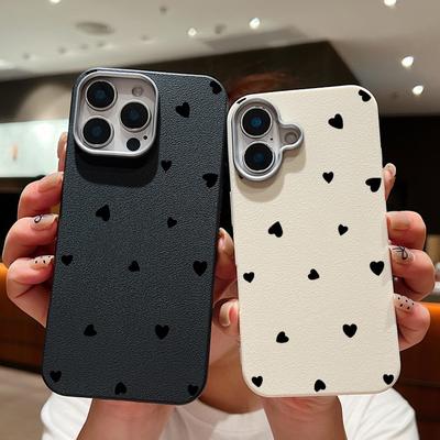 Coque de téléphone à motif de coeurs d'amour noir en cuir texturé pour iPhone 16 15 Pro 14 Plus 13 12 11 Pro Max Xs Xr 8 7 Plus Coque mince en TPU souple antichoc