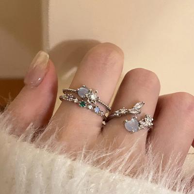 3Pcs/Set  Blue Opal Heart Rings For Women Open Flower  Finger Rings Wedding Party Trendy Girls Jewelry