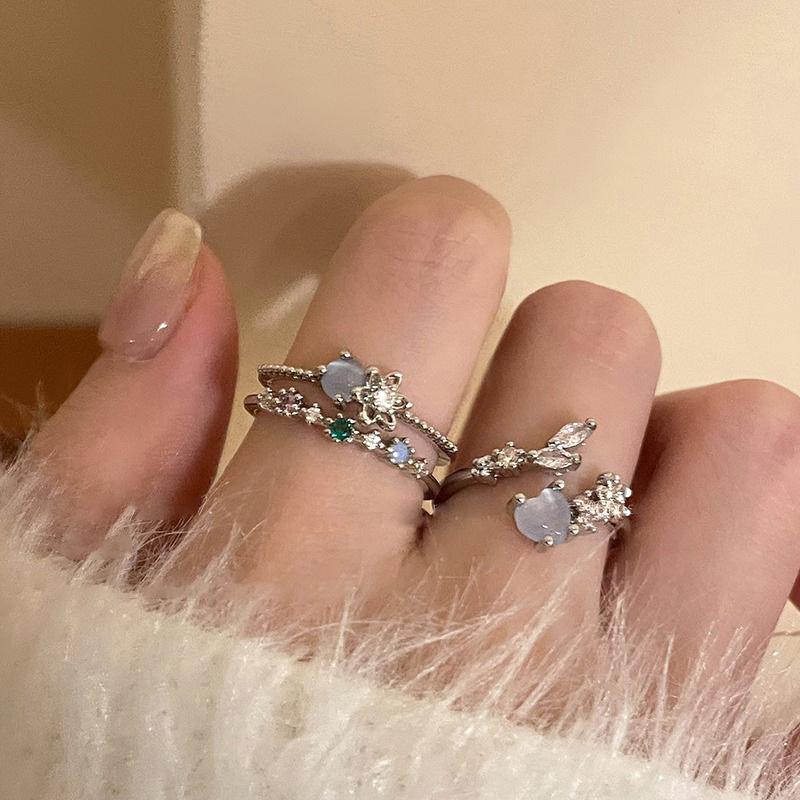3Pcs/Set Fashion Blue Opal Heart Rings For Women Open Flower Rhinestone Finger Rings Wedding Party Trendy Girls Jewelry