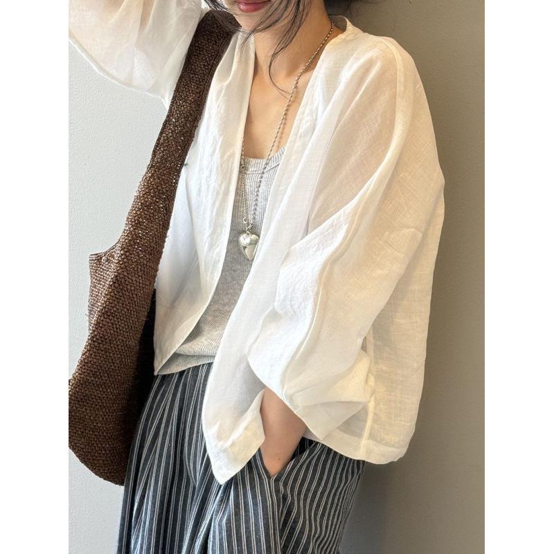 Artistic Retro Long-Sleeve Linen Cardigan - Lightweight, Loose-Fit Sun Protection Top