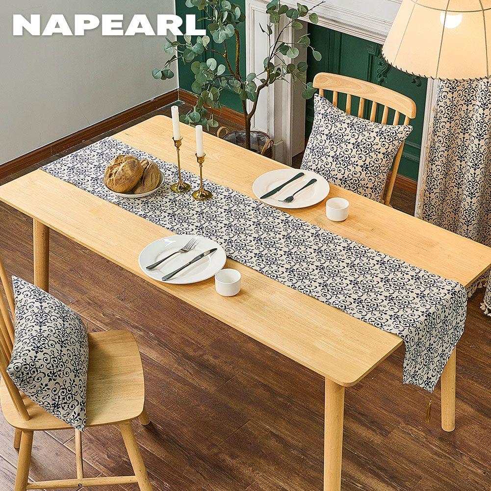 1PC NAPEARL Retro Chinese Blue and White Porcelain Printed Cotton and Linen Table Runner for Dining Table Coffee Table Home Decor