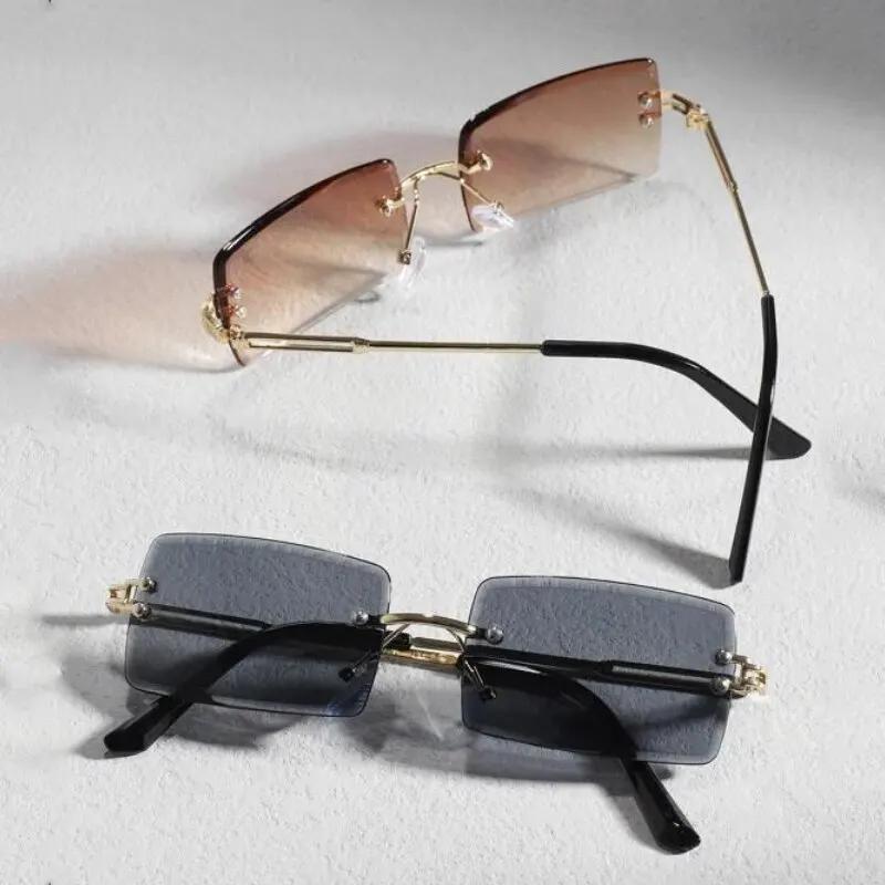 Two-piece PC Square Rimless Sunglasses Fashion Metal Retro Glasses for Men Women