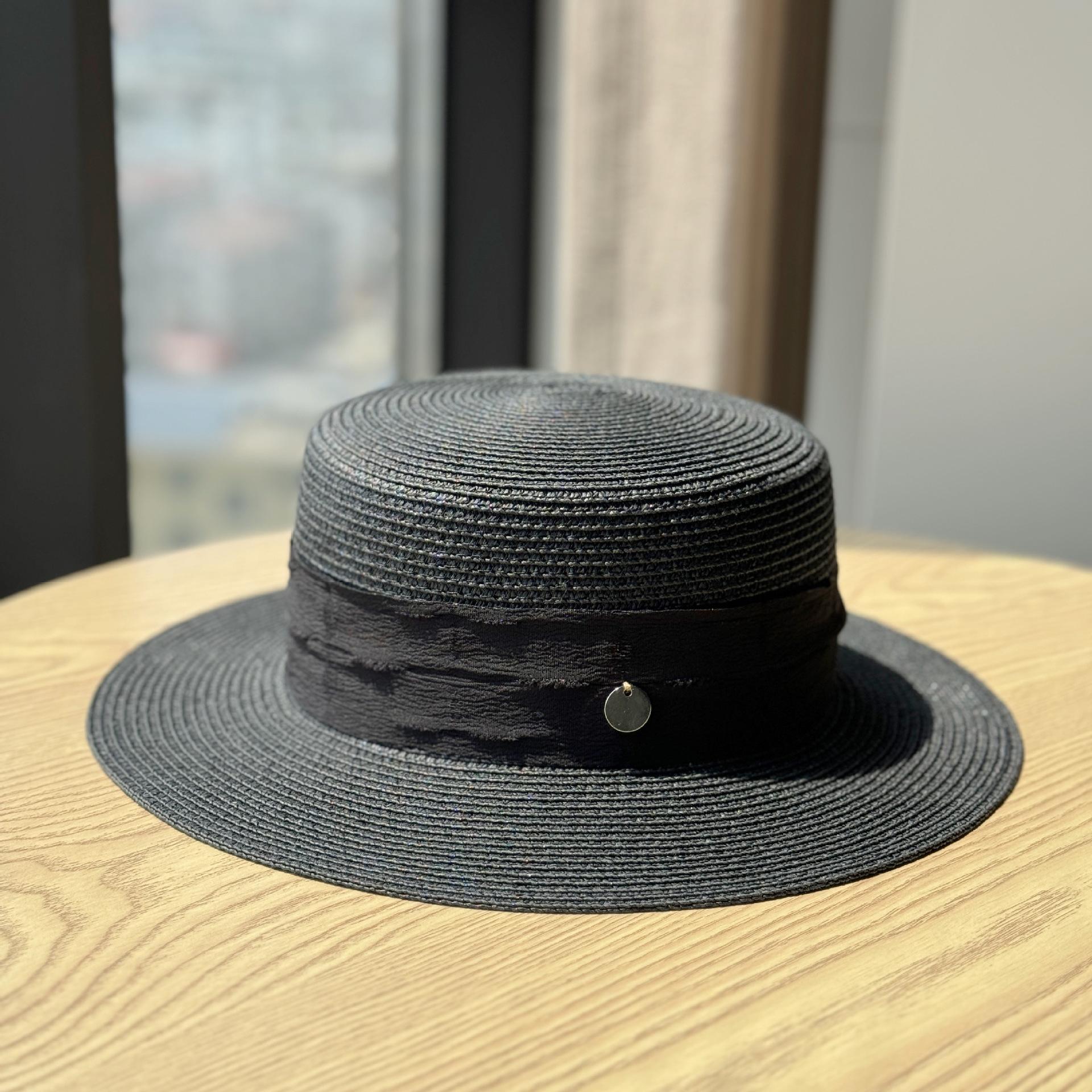 

New Summer Casual Versatile Straw Flat-Top Sun Hat, French Elegant Wide-Brimmed Fashionable Travel Hat Adult54-60Adjustable чёрный