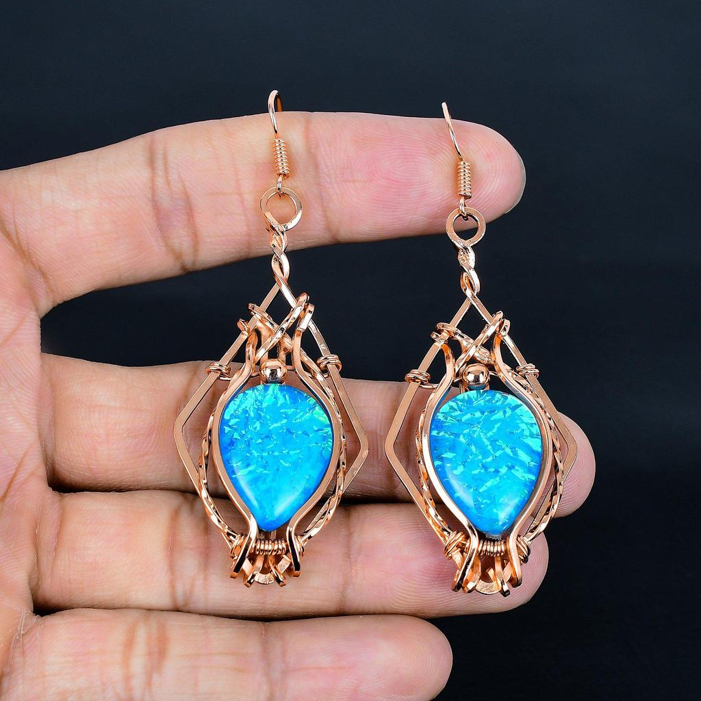 Australian Triplet Opal Earrings, 999 Copper Wire Wrapped Earrings, Handmade Gemstone Jewelry Earrings For Memorial Day