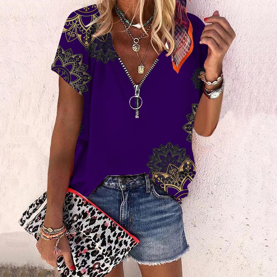 Women's Top Summer New Fashion Rose Flower Sunflower Pattern Printed Casual Zipper V-neck Short Sleeve Top