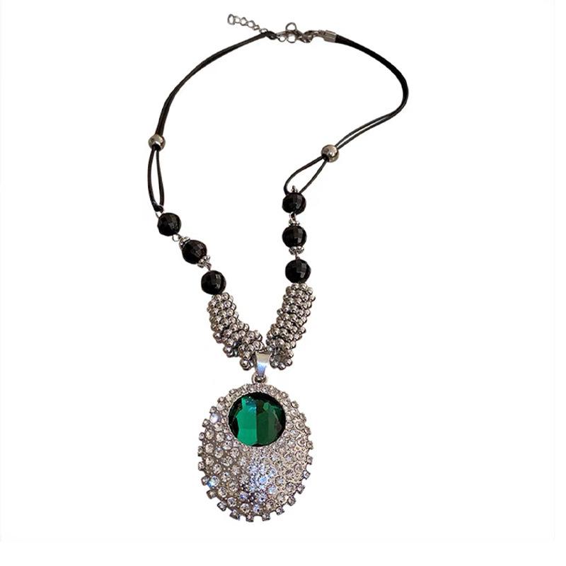 Women's Court Style Long Sweater Necklace with High-End Rhinestone Inlaid Oval Pendant