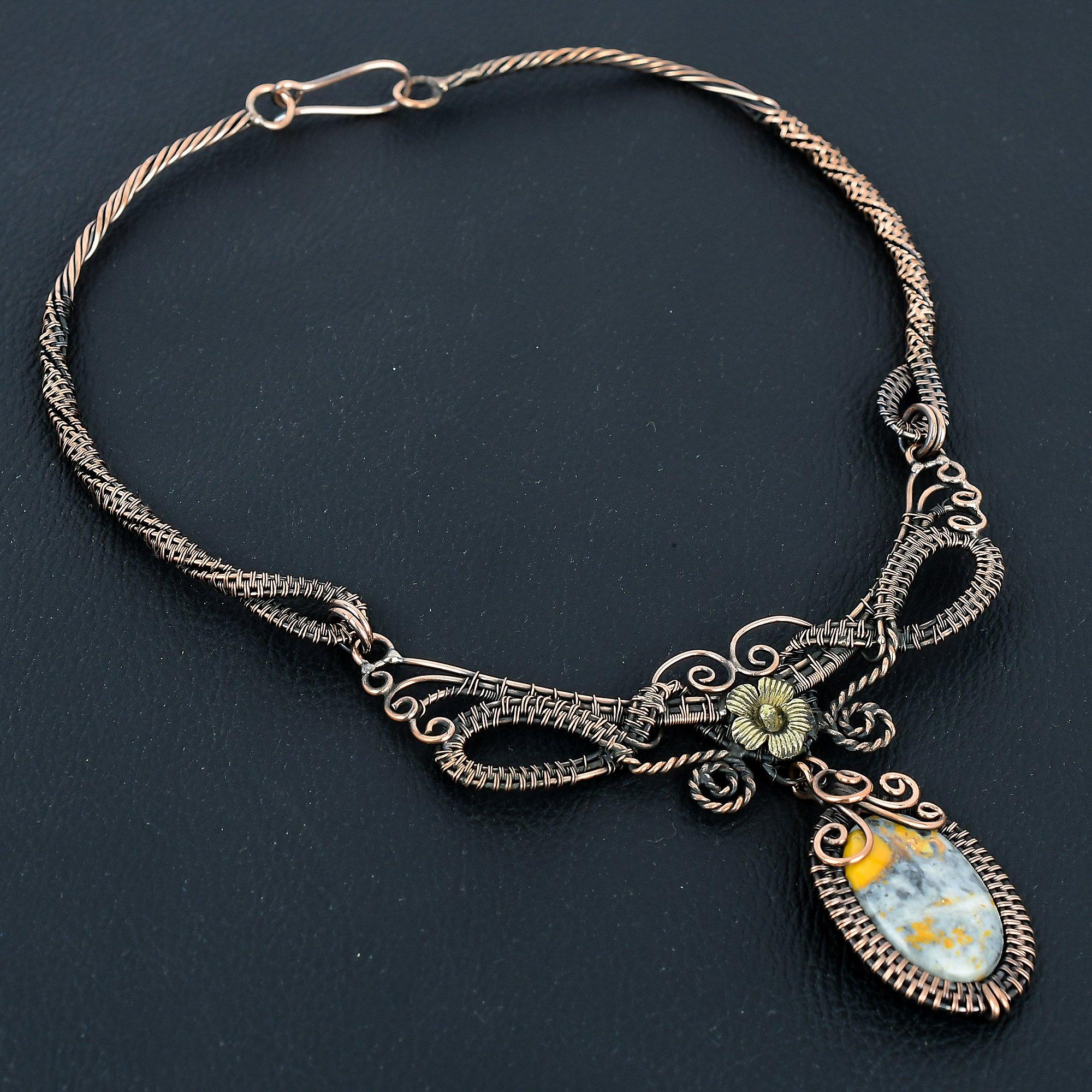 

Ожерелье из яшмы Малингано, украшения ручной работы, ожерелье, обернутое медной проволокой 999 пробы, дизайнерские украшения из драгоценных камней, ожерелье с регулируемой цепочкой