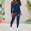 Women Plus Size Round Neck Long Sleeve Blue White Red Printed Top Fitted Pants Two Piece Set