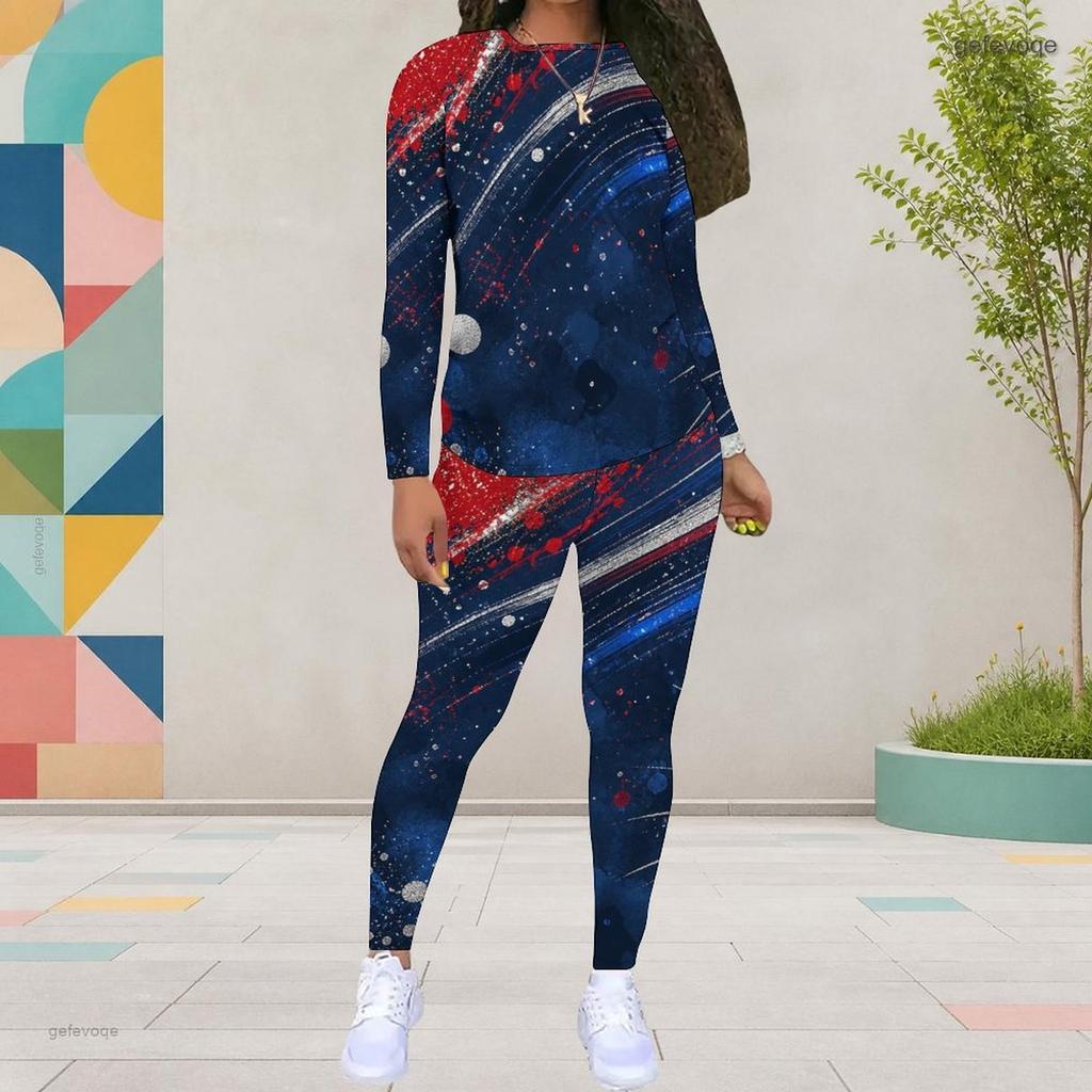 Women Plus Size Round Neck Long Sleeve Blue White Red Printed Top Fitted Pants Two Piece Set