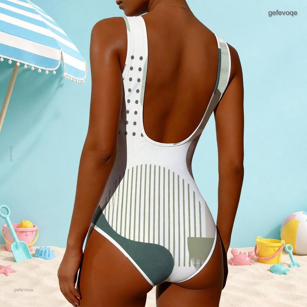 Women Plus Size High Round Neck Sleeveless Striped Printed One Piece Swimsuit Pink White Grey