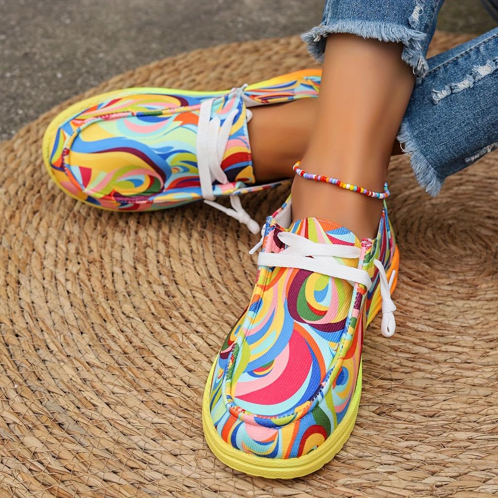 Fashion Women Flats Shoes Autumn New Casual Daily Flat Loafers Ethnic Rainbow Canvas Shoes Ladies Round Toe Multi-Color Print Sneakers