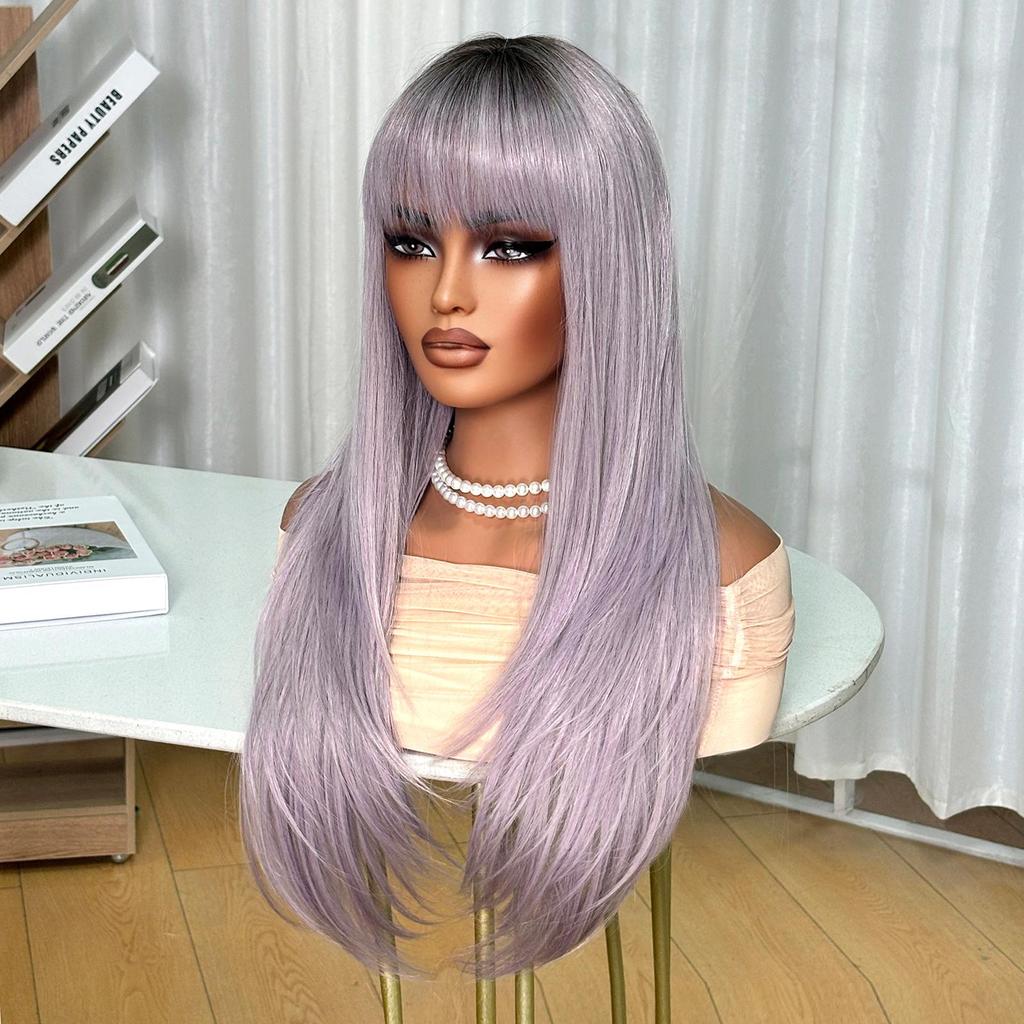 ALAN EATON Lilafarbene Kunsthaarperücken mit Pony, lange, glatte Perücke, seidenweiches blondes Haar, hitzebeständige Perücke, natürliches Aussehen