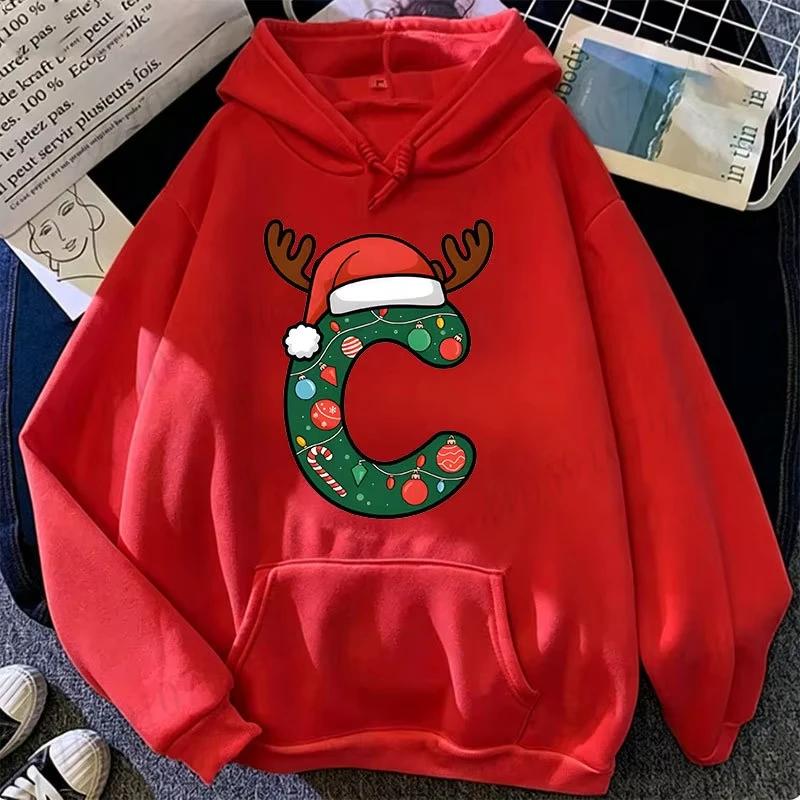 Festive Christmas Alphabet Letter with Santa Hat Graphic Hoodies Xmas Family Matching Holiday Party Sweatshirts Tops Gifts