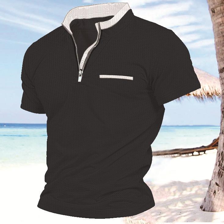 Men Short Sleeve Plaid Polo Shirt With Zipper Pocket Summer Casual S чёрный