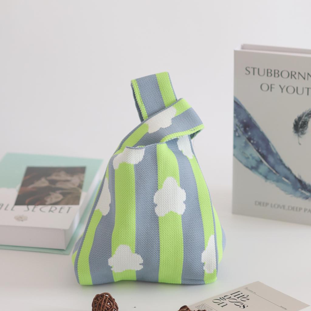 Women's Knot Wrist Bag Handmade Knitted Bag Portable Mini Striped Tote Bucket Phone Bags Large Capacity Autumn Winter Handbags