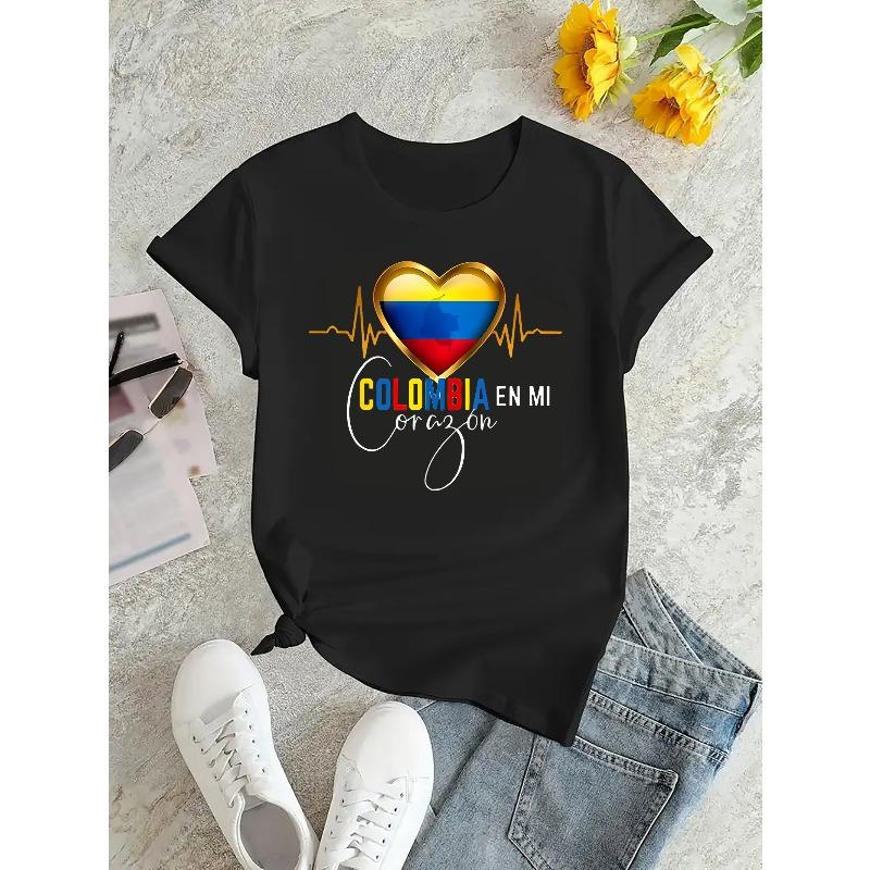 Womens Colombia Heart Graphic T Shirt Casual Short Sleeve Crew Neck Knit Tee Polyester Spandex Blend Medium Stretch Alphabet Print Summer Top