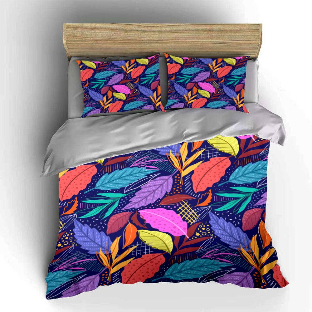 Colorful Tropical Leaves Background Print Bedding Set 1 Duvet Cover 2 Pillowcases for Adult and Children Luxury Gift Full Size
