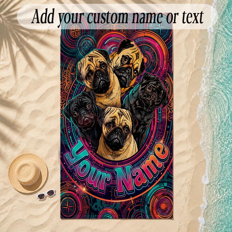 Pug Theme Soft Beach Towel Personalized Custom Name Text Towel Portable for Beach Pool Travel
