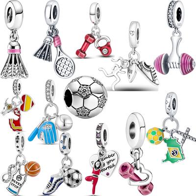 Νέα 925 Silver Badminton Dumbbell Football Basketball Runner Χάντρες αθλητικού στυλ Fit New Charms Βραχιόλι κοσμήματα 
