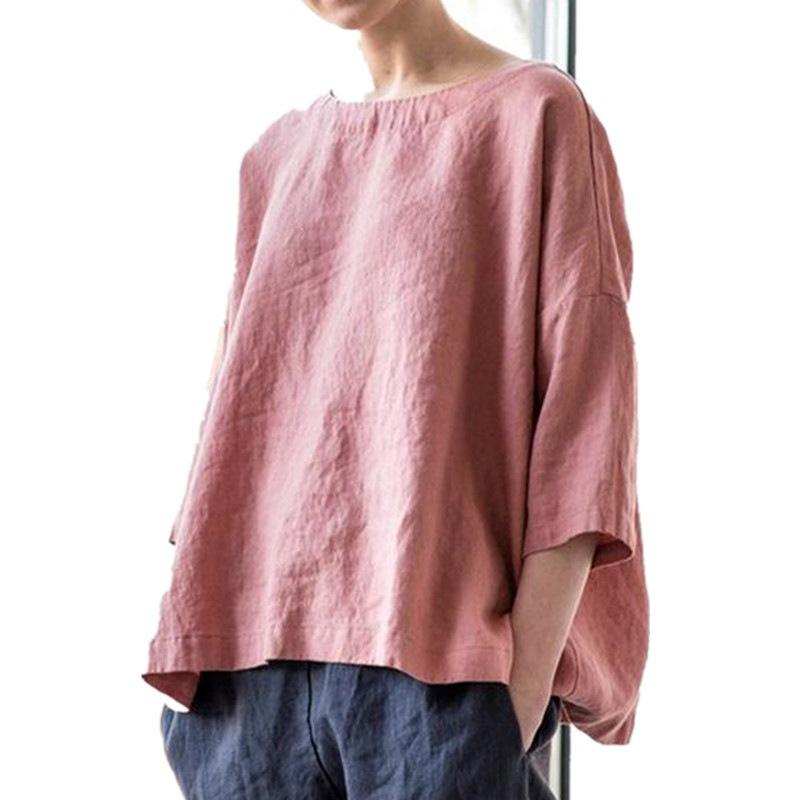 Women Summer Plus Size Cotton Linen Blouse Solid Color Vintage Beachwear Simple Thin Shirts