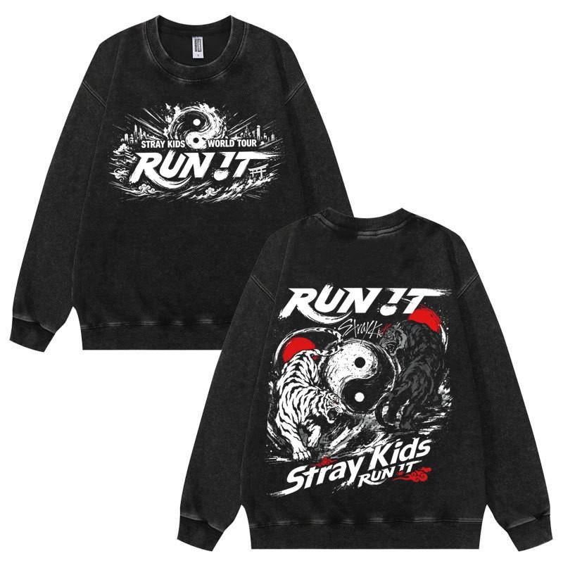Washed Stray Kids World Tour Run It Skz Graphic Crewneck Sweatshirt Teens
