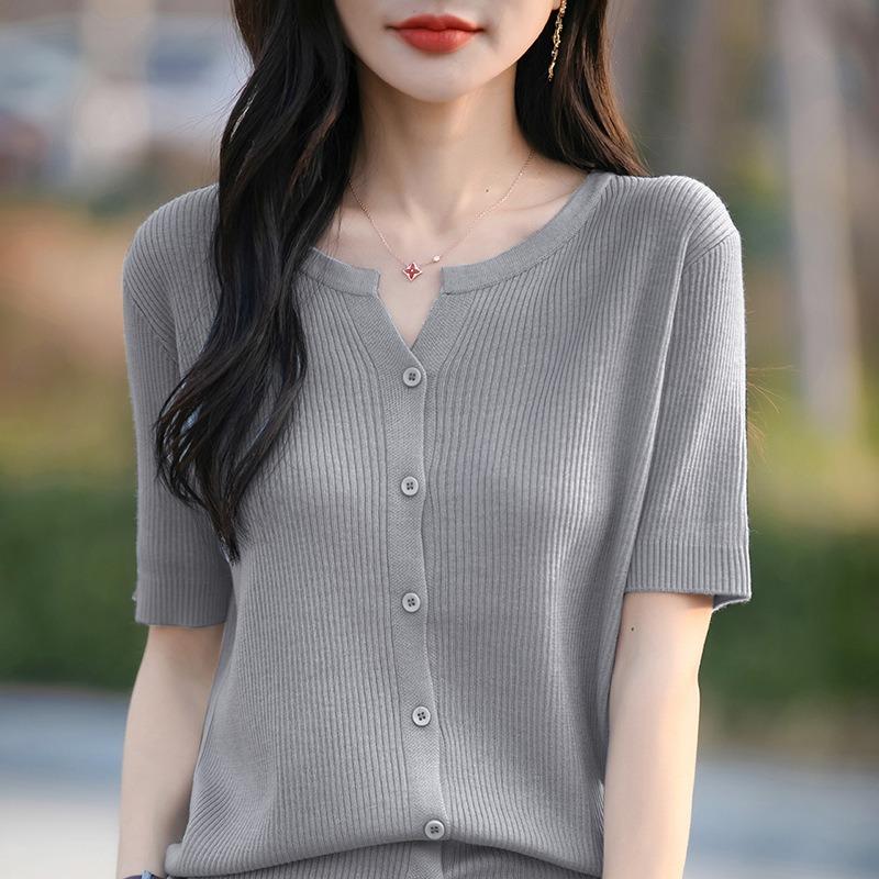 Damen Frühling und Sommer Neu Dünn Kurzarm Kammgarn Weich Strick Cardigan T-Shirt Offener Kragen Kleine Bluse