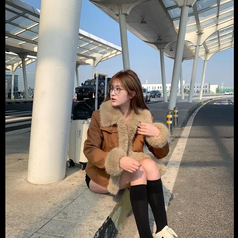 Fashionable Brown Plus Velvet Denim Jacket Women's Rabbit Fur Collar All-match Slimming and Thickening Trend Cotton Jacket
