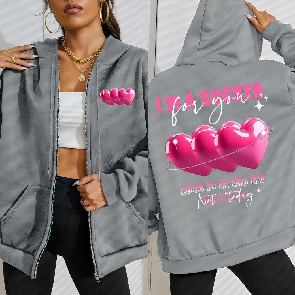 Love Is In The Air Pink Heart Prints Woman Zipper Hoody Casual Comfortable Sportswear Korean Hoodie Autumn Clothing