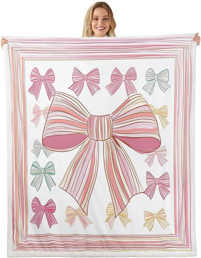 Blue Bow Pattern Blanket Soft Fleece Throw Elegant Home Decor Gift for Women Girls Bedroom Bedding Cover