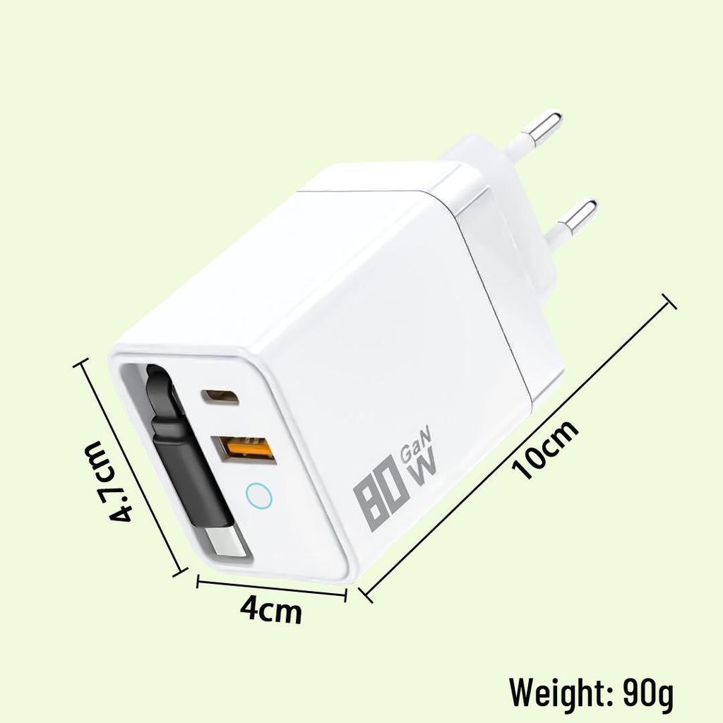 Dual Port Foldable GaN Charger with Retractable Cable for Fast Charging Apple, Huawei, Xiaomi Devices