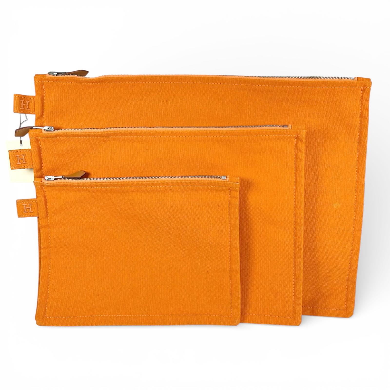 Excellent HERMES Pouch Bora Bora H logo 3-piece set Orange cotton Women Used