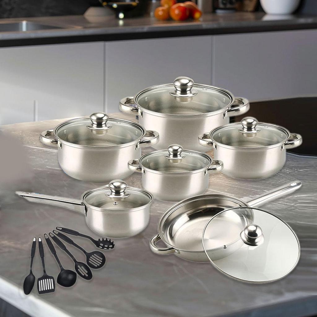 6x Pots and Pans Set Saucepan Sturdy Cookware for Indoor Camping Kitchen 12PCS Silver Handle