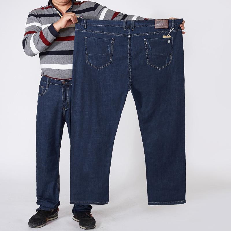 Men's Thick Stretch Denim Trousers for Autumn/Winter Extra Large Size Relaxed Fit High-Waisted Straight Leg Trousers for Middle-Aged Fathers