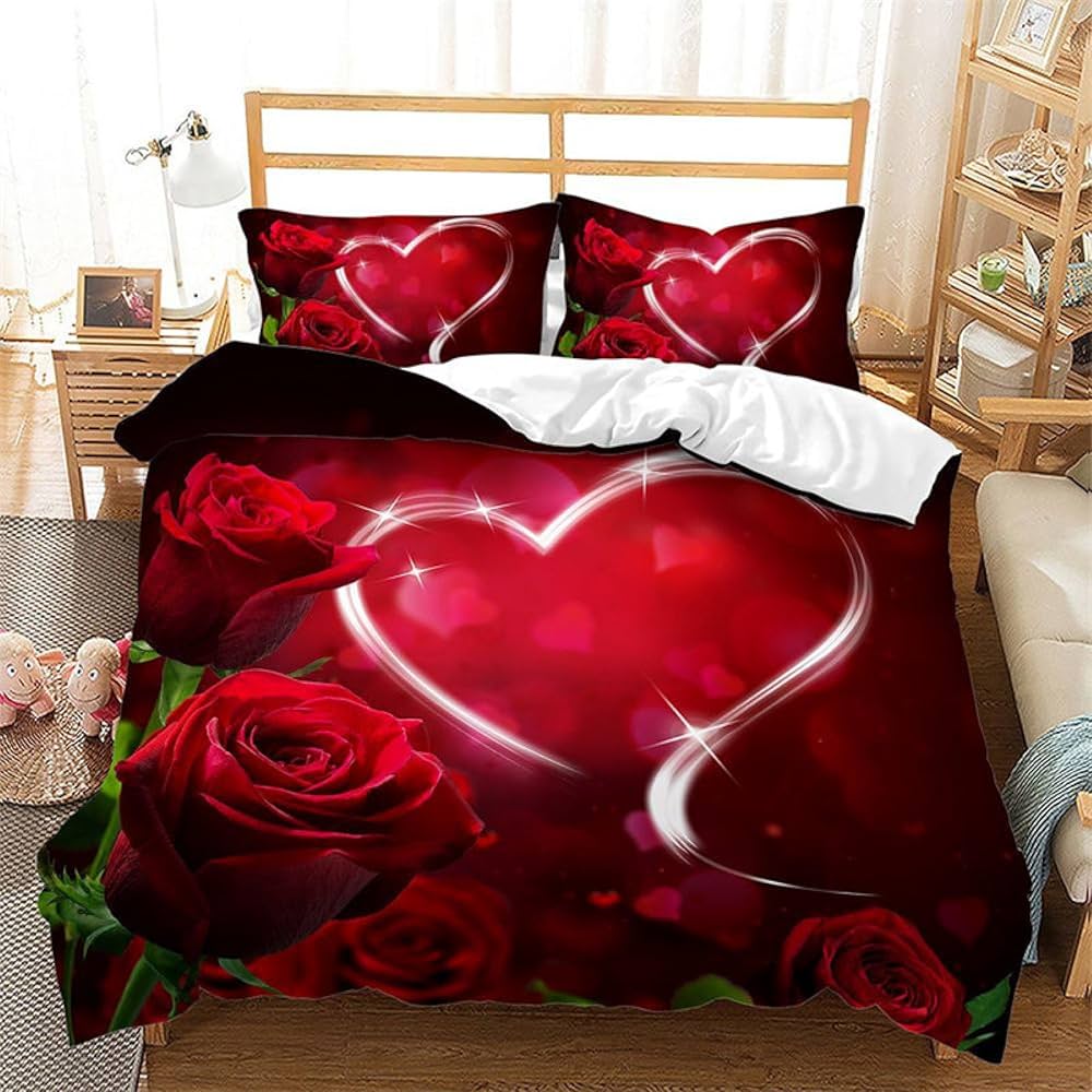 Rose Duvet Cover QueenRomantic Floral Bedding Set for Girls CoupleBlossom Flowers Quilt Cover Valentine's Day Bedspread Cover